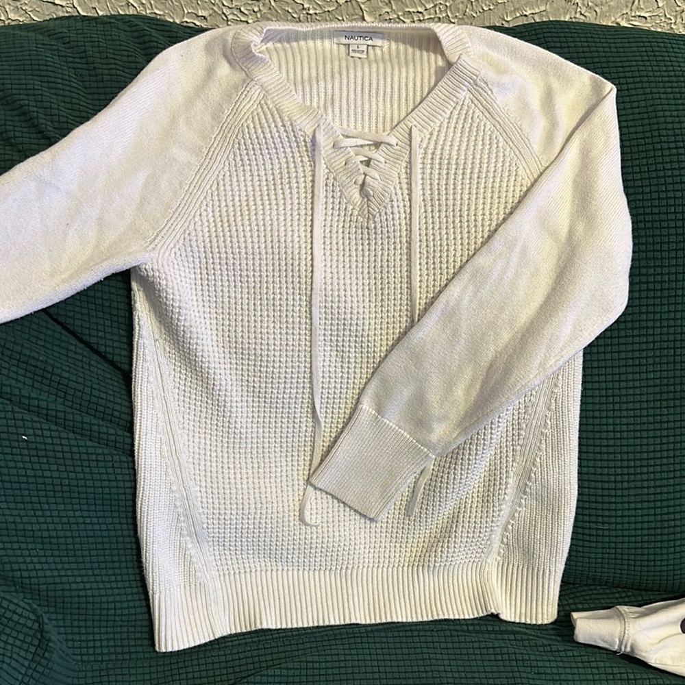 Nautica Cream V-Neck Sweater Textured Knit